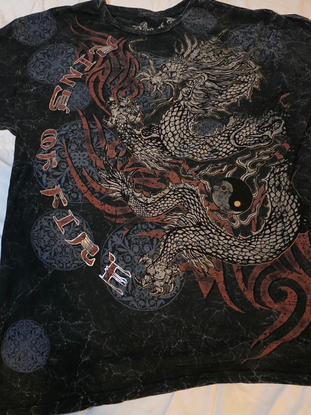 Y2k Vintage Ring of Fire Black Tee with Ivory Dragon and Red Flame Yin/Yang
